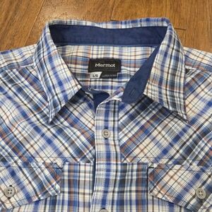 Marmot Short Sleeve Classic Plaid Lightweight Button Up Shirt w/Flap Pockets. L
